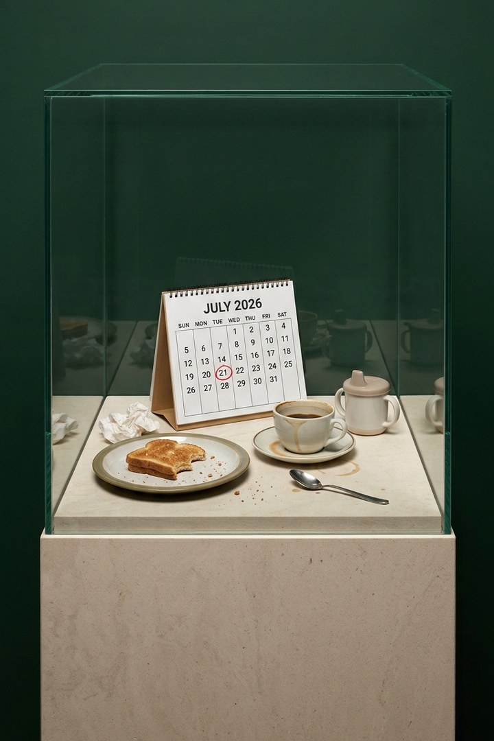 A glass museum vitrine on a stone plinth against a deep green wall holds a finished breakfast: bitten toast and crumbs, a coffee cup with a ring on its saucer, a dropped spoon, crumpled napkins, a child's sippy cup, and a small desk calendar for July 2026 with the 21st circled in red.