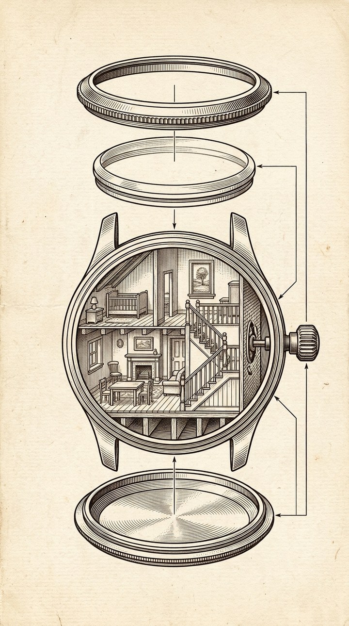 A patent-style engraving of a wristwatch in exploded view: bezel, crystal, and caseback float above and below the open case on leader lines, and inside the case, where the movement would be, a house is drawn in cross-section, with a crib upstairs, a fireplace and table below, a staircase, and the winding crown entering the wall.