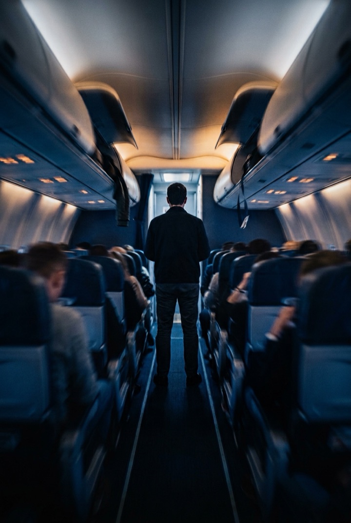 In a night airplane cabin shaken by turbulence, blurred passengers and swinging jackets streak with motion while one man standing in the aisle, seen from behind, remains perfectly sharp and still.