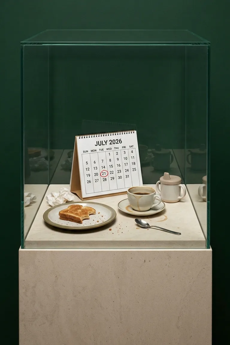 A glass museum vitrine on a stone plinth against a deep green wall holds a finished breakfast: bitten toast and crumbs, a coffee cup with a ring on its saucer, a dropped spoon, crumpled napkins, a child's sippy cup, and a small desk calendar for July 2026 with the 21st circled in red.