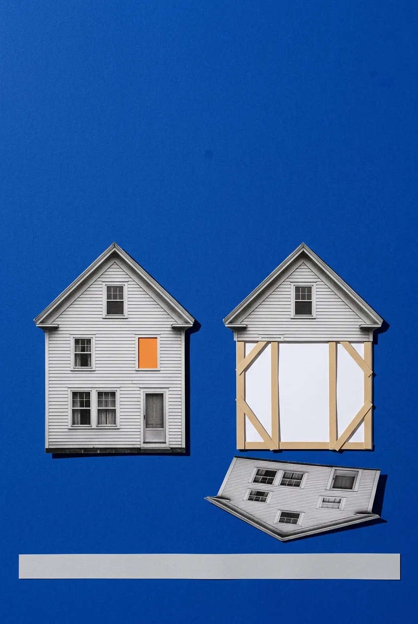 A cut-paper collage on a deep blue field: two identical clapboard houses side by side, the left one whole with a single orange window, the right one reduced to a hollow set of kraft-paper braces around a blank white rectangle, its fallen facade lying cut-out at the base beside a strip of gray street.