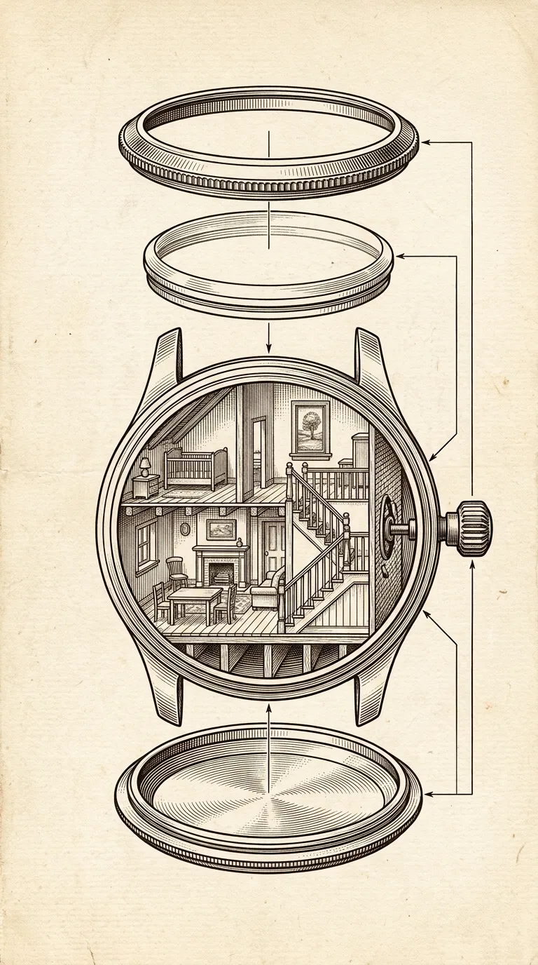 A patent-style engraving of a wristwatch in exploded view: bezel, crystal, and caseback float above and below the open case on leader lines, and inside the case, where the movement would be, a house is drawn in cross-section, with a crib upstairs, a fireplace and table below, a staircase, and the winding crown entering the wall.