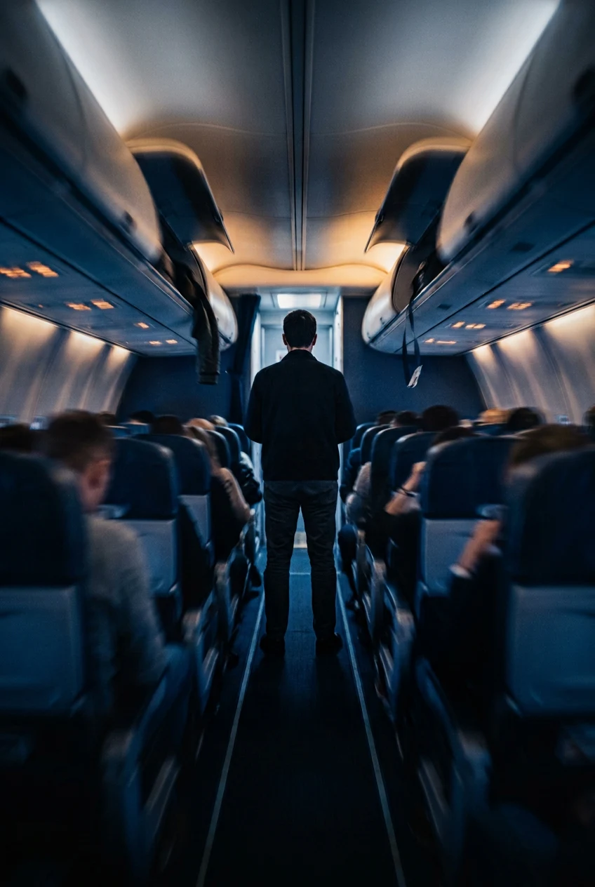 In a night airplane cabin shaken by turbulence, blurred passengers and swinging jackets streak with motion while one man standing in the aisle, seen from behind, remains perfectly sharp and still.