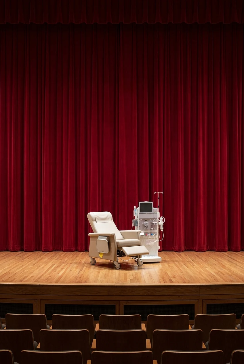 An empty dialysis treatment chair and its machine stand centered on a theater stage before a deep red curtain, seen from the front rows of an auditorium with dark seat backs in the foreground.